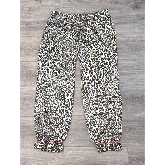 Victorias Secret Pajama Pants Satin Lounge Leopard Print Large Pink Trim - Picture 2 of 3